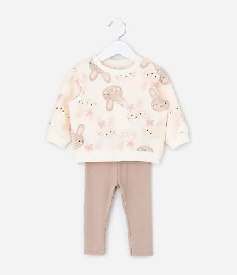 Conjunto Infantil em Moletinho com Estampa de Coelho - Tam 0 A 18 Meses