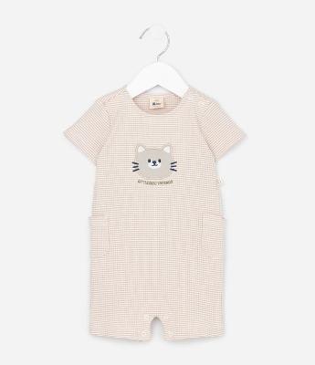 Macaquinho Infantil Canelado com Bordado de Gatinho – Tam 0 a 18 Meses