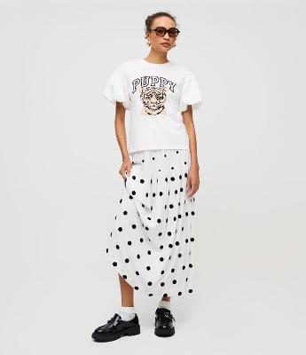 Saia Long Midi com Marias e Estampa Poá