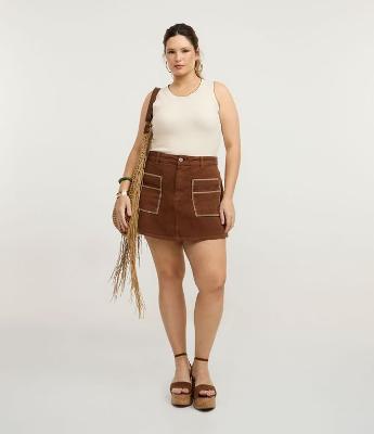 Short Saia em Sarja com Bolsos Bordados Curve & Plus Size