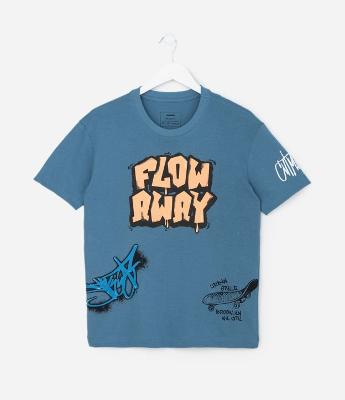 Camiseta Relaxed Infantil em Suedine com Estampa Grafite - Tam 5 a 14 Anos