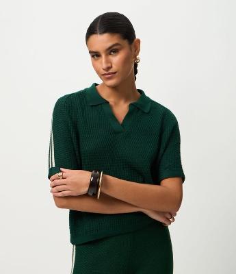 Blusa Polo em Tricô com Manga Curta e Detalhe de Listras