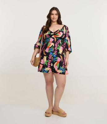 Macacão em Chalis com Estampa Tropical Curve & Plus Size