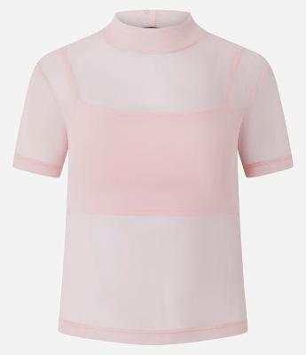 Blusa com Manga Curta e Gola Alta em Tule