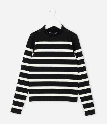 Camiseta Infantil Seamless Listrada com Gola Alta – Tam 5 a 14 Anos