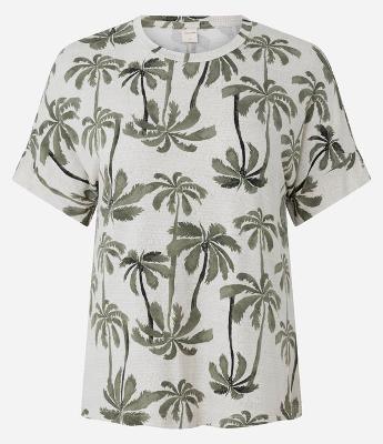 Blusa Manga Curta e Gola Redonda com Estampa de Coqueiros