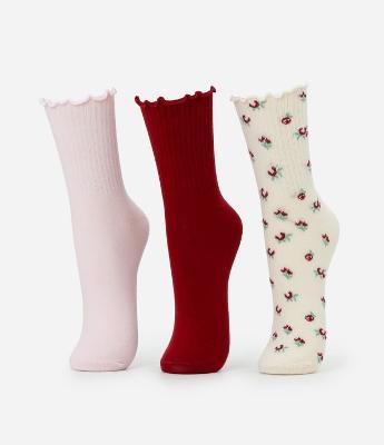 Kit 03 Meias Cano Médio em Algodão com Punho em Picot