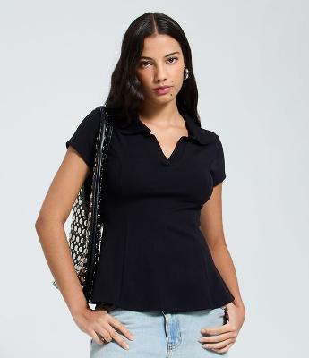 Blusa Peplum em Ribana com Gola Polo