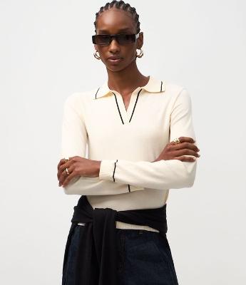 Blusa Polo em Tricô com Manga Longa e Viés Contrastantes