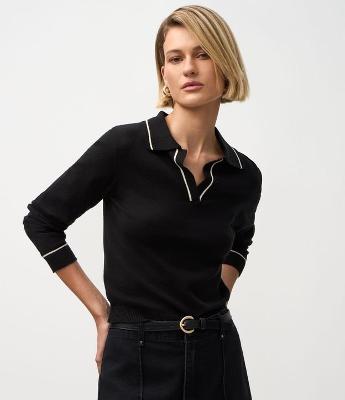 Blusa Polo em Tricô com Manga Longa e Viés Contrastantes