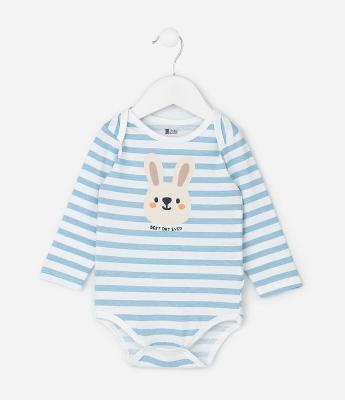 Body Infantil Manga Longa Listrada com Estampa de Coelhinho – Tam 0 a 18 Meses
