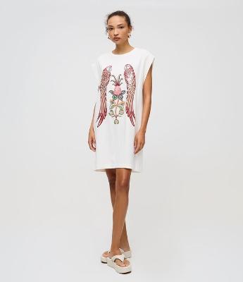 Vestido Curto em Algodão com Silk Frontal de Araras