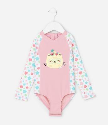 Maiô Infantil com Manga Longa Estampa de Gatinho – Tam 2 a 4 Anos