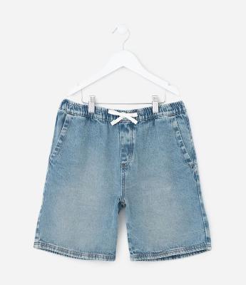 Bermuda Infantil em Jeans com Cós Elástico e Cordão – Tam 5 a 14 Anos