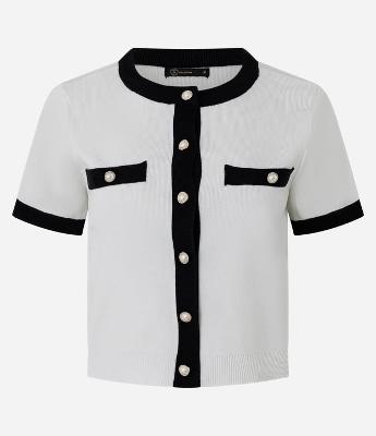 Cardigan em Tricô com Manga Curta e Contrastes