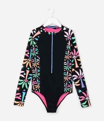 Maiô Infantil com Manga Longa e Estampa Floral – Tam 5 a 14 Anos