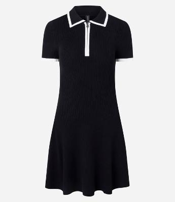 Vestido Curto em Tricô com Gola Polo e Viés Contrastantes
