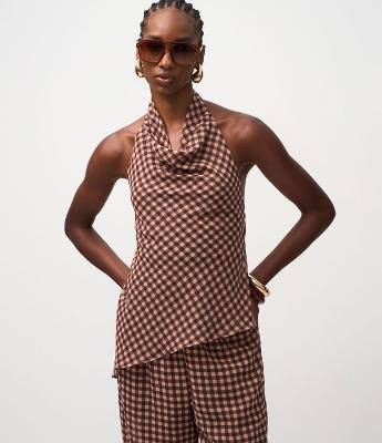 Blusa Frente Única em Chiffon com Estampa Xadrez