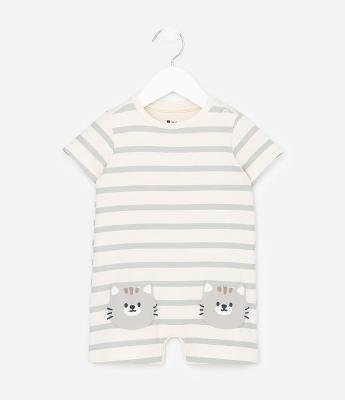 Macaquinho Infantil em Cotton com Listras e Gatinhos - Tam 0 a 18 meses