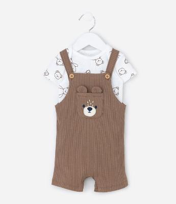 Conjunto Infantil Body e Jardineira com Bordado de Urso – Tam 0 a 18 Meses