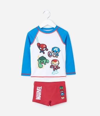 Conjunto Infantil UV com Camiseta Manga Longa e Sunga Marvel – Tam 1 a 4 Anos