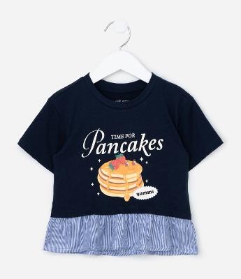 Camiseta Infantil com Estampa de Panquecas e Barra Listradinha - Tam 1 a 6 anos