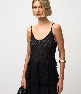 Blusa Rendada com Alças Finas e Pontas Assimétricas