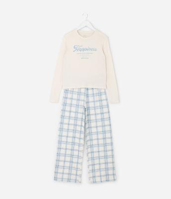 Pijama Infantil Longo em Meia Malha com Estampa Xadrez e Lettering – Tam 7 a 16 Anos