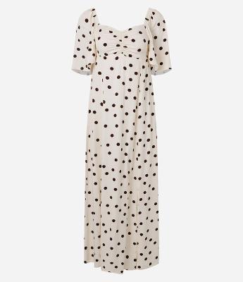 Vestido Longo em Viscose com Franzido no Busto e Poá