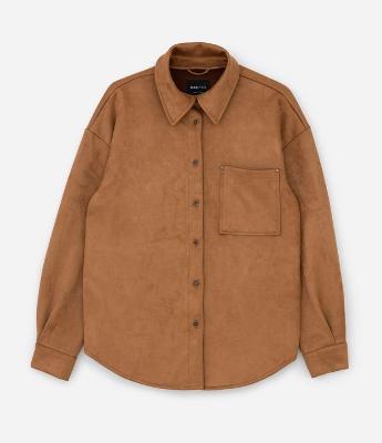 Camisa em Suede com Mangas Longas e Bolsinho