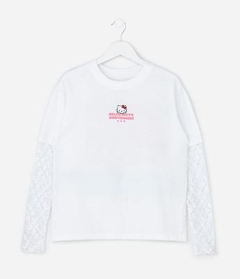 Camiseta Infantil com Renda e Estampa Hello Kitty – Tam 5 a 16 Anos