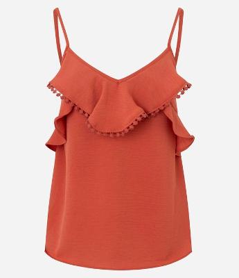 Blusa Alça Fina em Airflow com Babados e Pompom na Barra