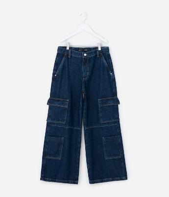 Calça Infantil Wide Leg em Jeans com Bolsos Cargo – Tam 5 a 14 Anos