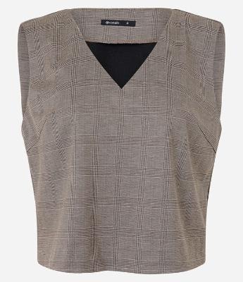 Blusa Em Ponto Roma com Ombreiras e Estampa Xadrez