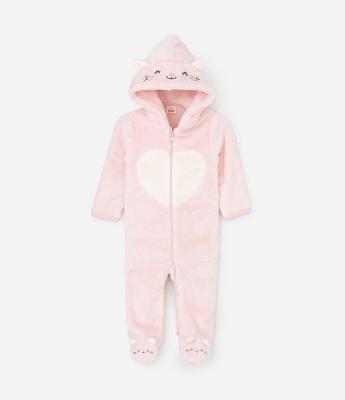 Macacão Infantil com Capuz Bordado de Gatinha – Tam 0 a 18 Meses