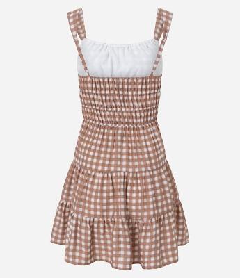 Vestido Curto Evasê em Viscose e Estampa Xadrez Vichy