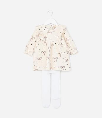 Vestido Infantil em Veludo Cotelê com Laços e Meia-Calça – Tam 0 a 18 Meses