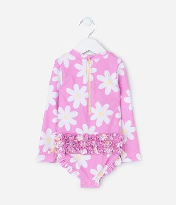 Maiô Infantil com Babadinhos e Estampa de Margaridas - tam 6 meses a 4 anos