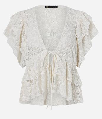 Blusa Texturizada em Renda com Babados e Amarração Frontal