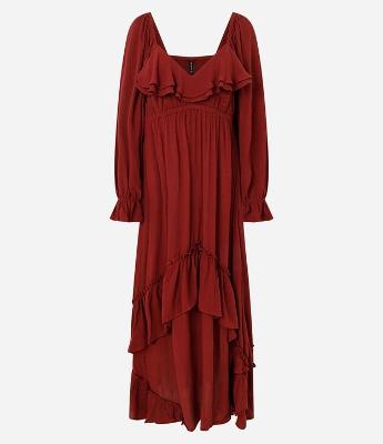 Vestido Longo Texturizado em Crinckle com Babados e Manga Bufante