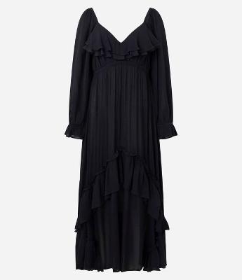 Vestido Longo Texturizado em Crinckle com Babados e Manga Bufante