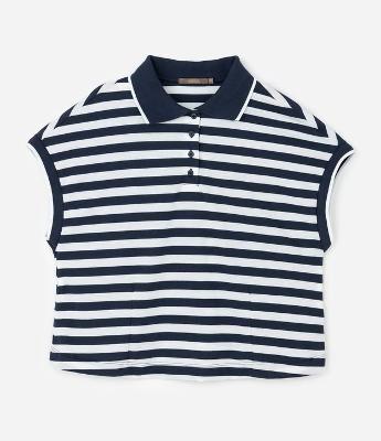 Blusa Boxy em Malha Piquet Listrada e com Gola Polo Curve & Plus Size