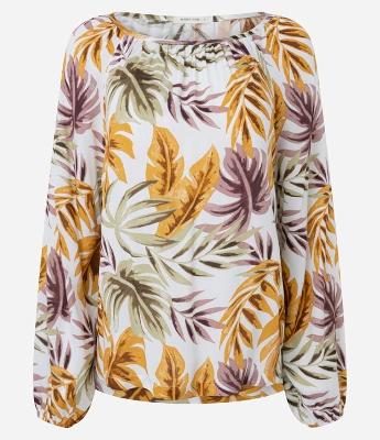 Blusa em Viscose com Manga Bufante e Estampa de Folhagens