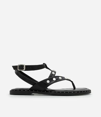 Sandália Rasteira Gladiadora em PU com Studs Contrastantes