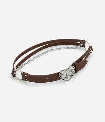 Cinto Boho Largo em PU com Detalhe de Coração e Corrente