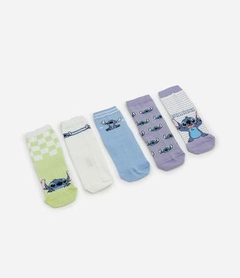 Kit 05 Meias Infantis com Estampa Stitch – Tam 19/22 a 31/34