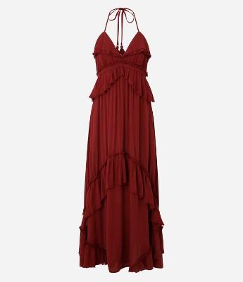 Vestido Longo com Babados e Amarração no Pescoço