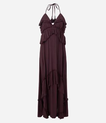 Vestido Longo com Babados e Amarração no Pescoço