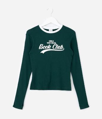 Blusa Infantil em Ribana com Lettering Book Club – Tam 7 a 16 Anos