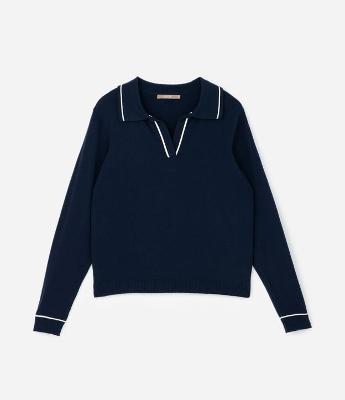 Suéter Slim em Tricô com Gola Polo e Detalhe Contrastante